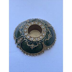 Jeweled Taper‎ Candle Holder Crystal and Green Enamel Original Tag Gold Tone